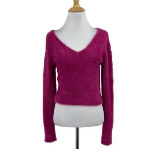 Volcom Sweater Womens S Small Cerise Fuzzy Clued 2 You V Neck Cropped Pullover